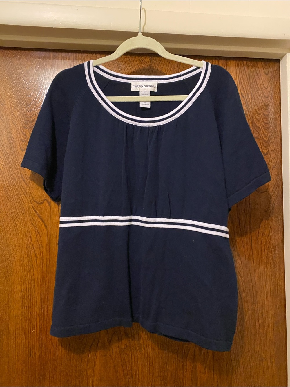 Cathy Daniels Navy Short Sleeve Top with White Stripe Accent